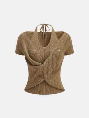 Commense Halter Wrap Short Sleeve Knit Top